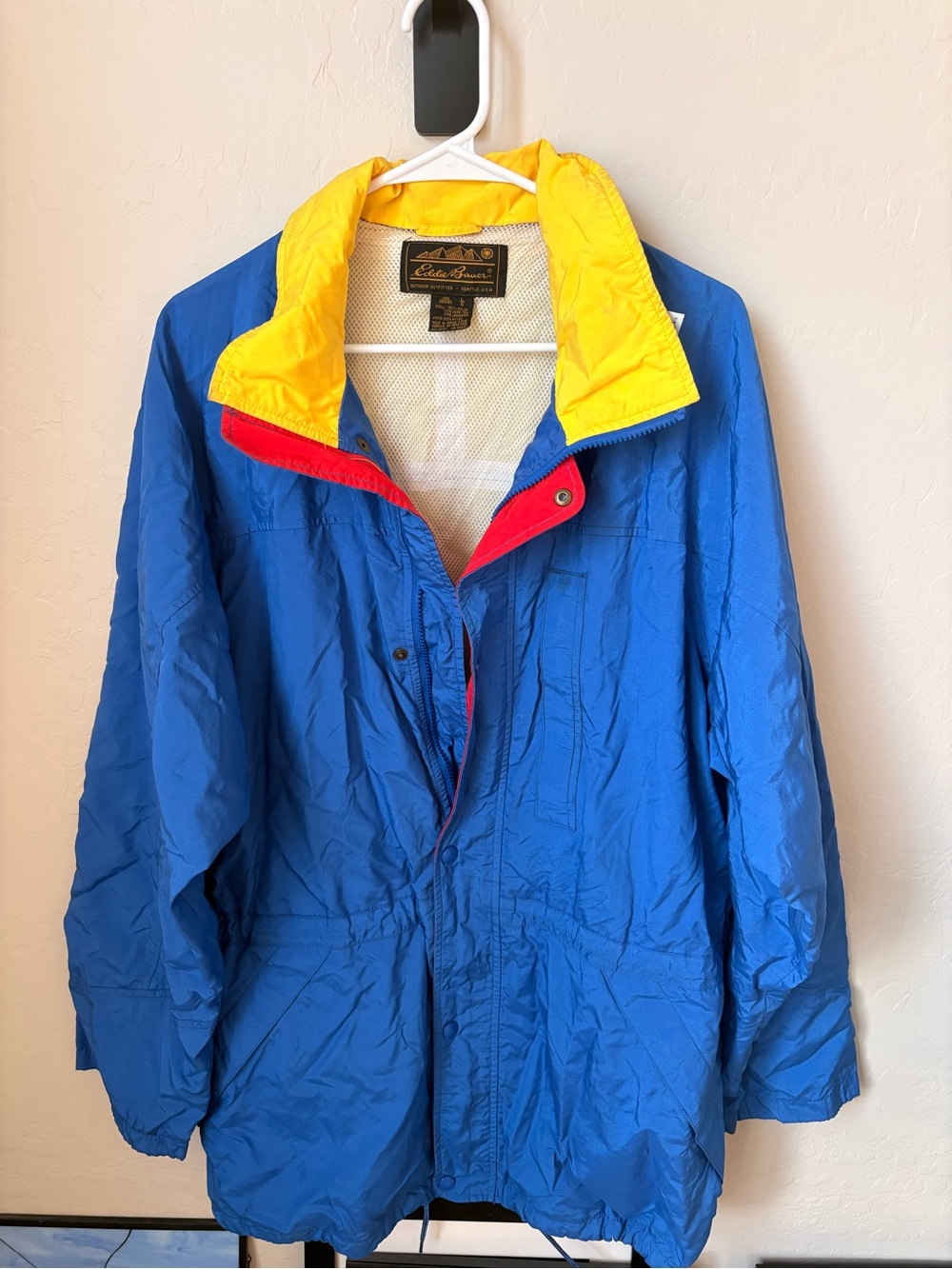 Vintage 1980’s Eddie Bauer Blue Shell Jacket with Yellow Collar and Red Trim